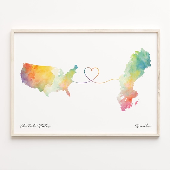 Us To Sweden Watercolor Map Poster, Travel Art Print