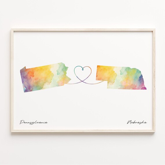 Pennsylvania To Nebraska Watercolor Map Poster With Heart Connection Art