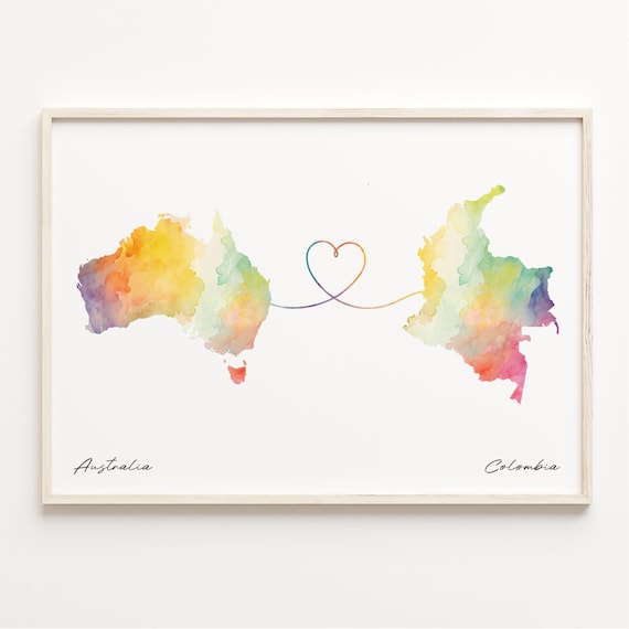Australia To Colombia Heart Watercolor Map Travel Gift Poster