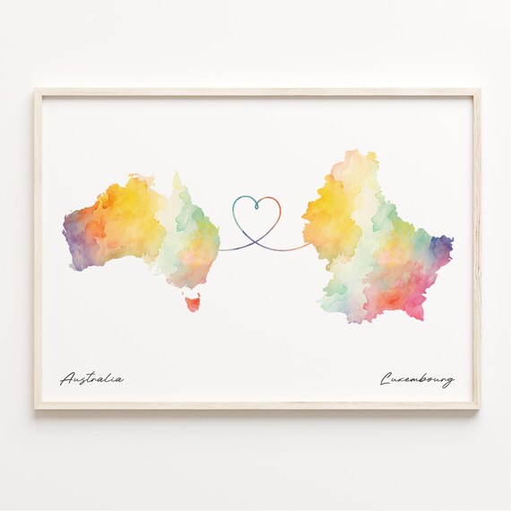 Australia To Luxembourg Watercolor Map Heart Long Distance Print