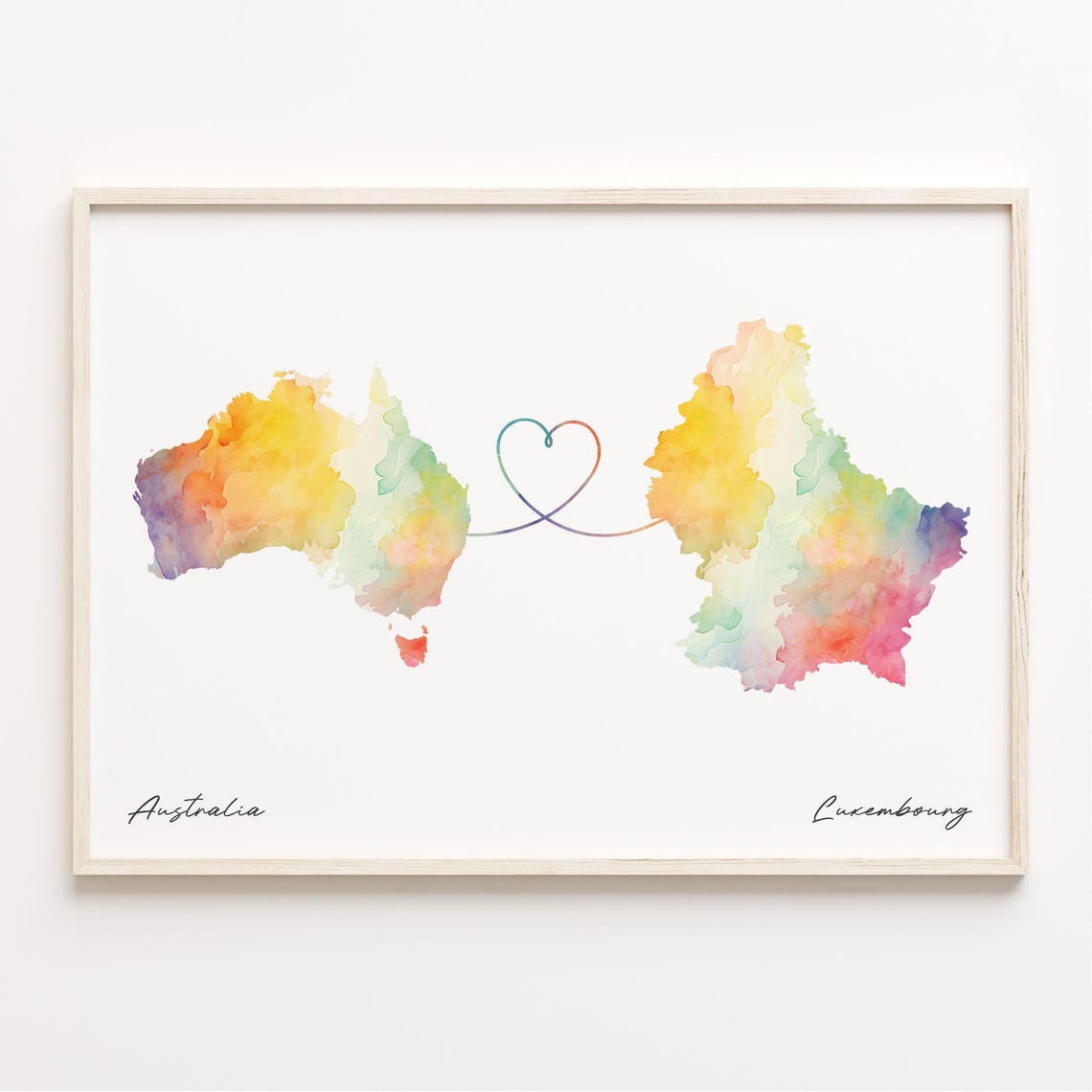 Australia To Luxembourg Watercolor Map Heart Long Distance Print