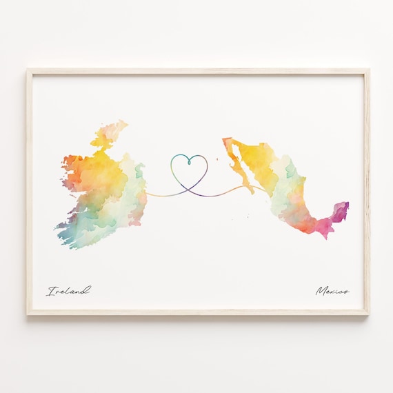 Ireland To Mexico Watercolor Countries Heart Map Connection Art Print
