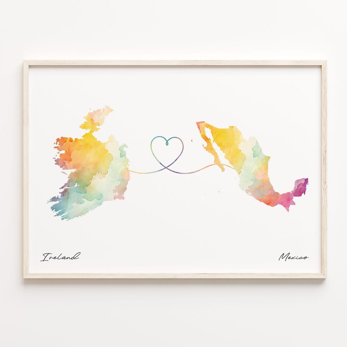 Ireland To Mexico Watercolor Countries Heart Map Connection Art Print