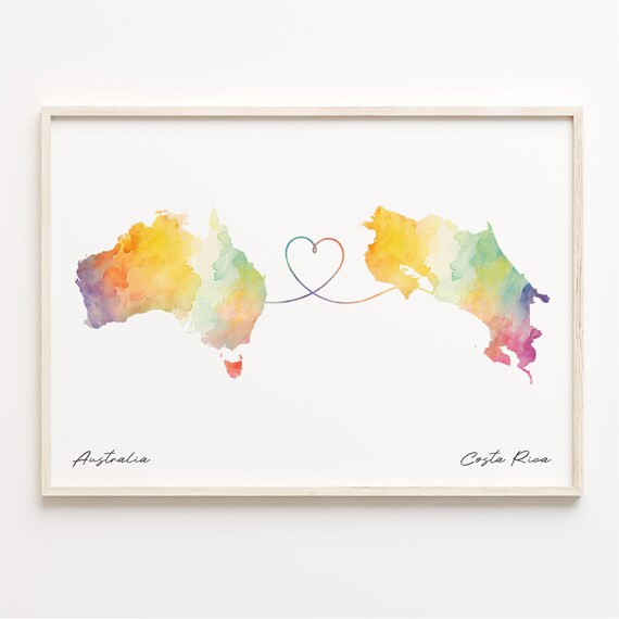 Australia to Costa Rica Watercolor Map Heart Connection Art Print