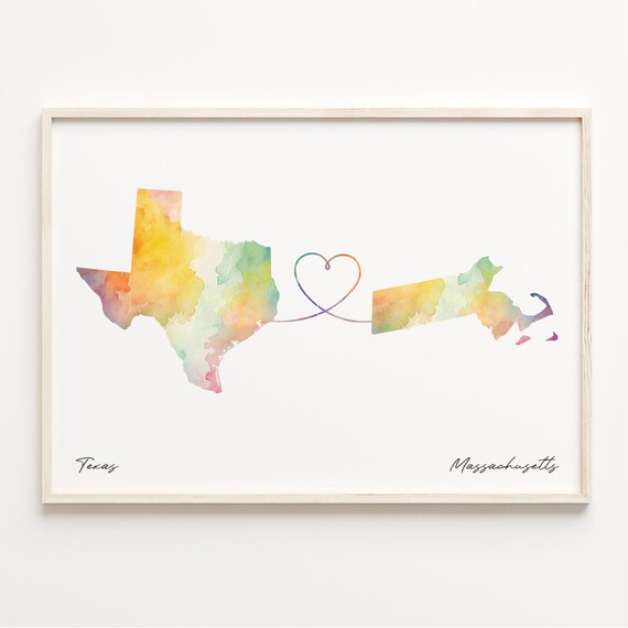 Texas to Massachusetts Watercolor Map Heart Connection Poster