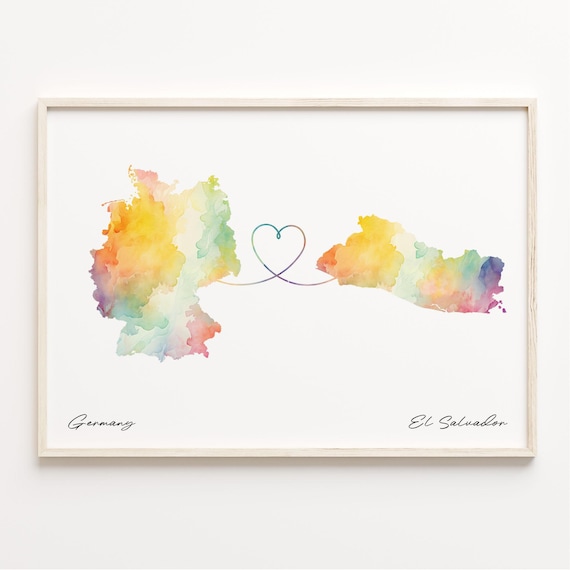 Germany To El Salvador Watercolor Map Heart Connection Love Poster