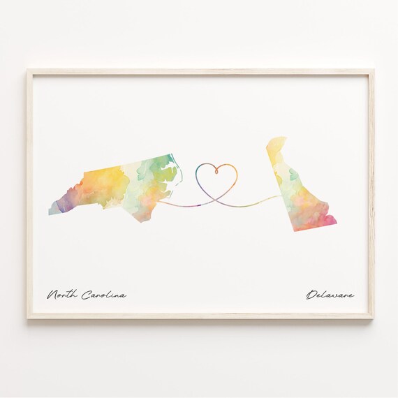 North Carolina To Delaware Watercolor Map Heart Sweet Love Poster