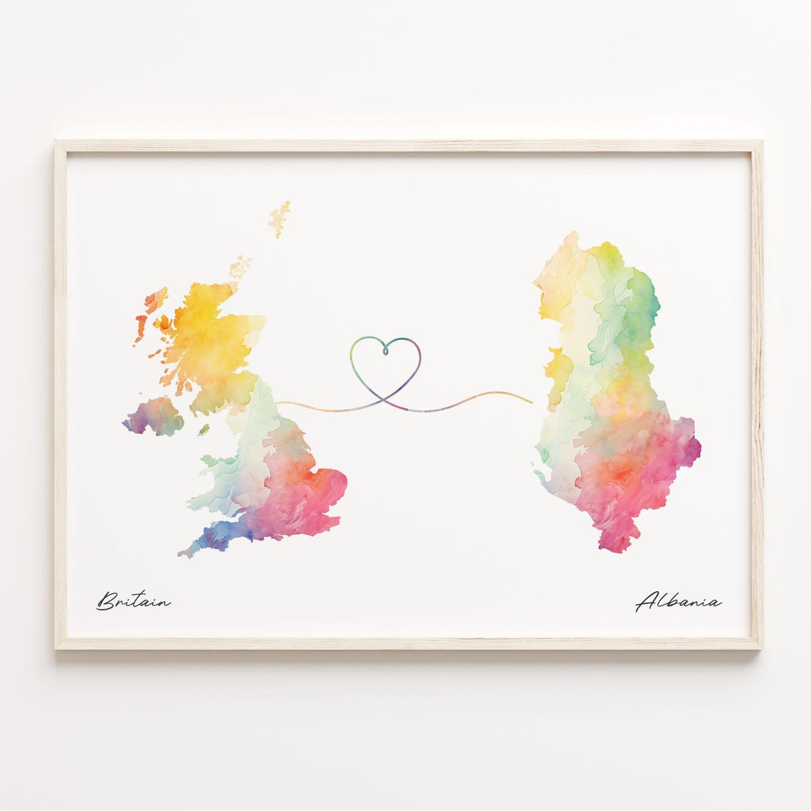 Britain To Albania Watercolor Heart Connection Map Art Print