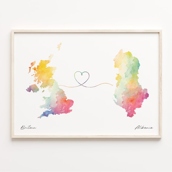 Britain To Albania Watercolor Heart Connection Map Art Print
