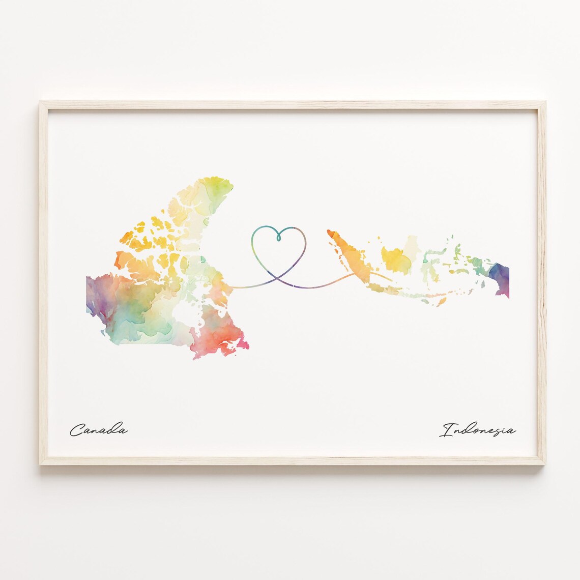 Canada to Indonesia Long Distance Watercolor Love Map Poster