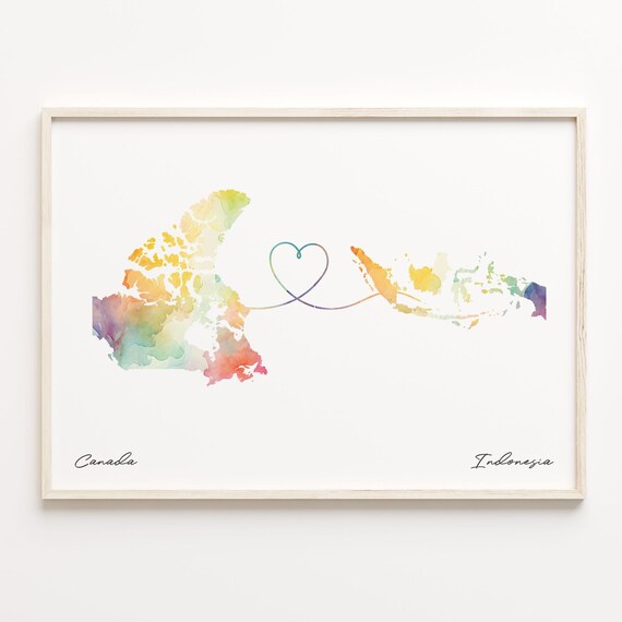 Canada to Indonesia Long Distance Watercolor Love Map Poster