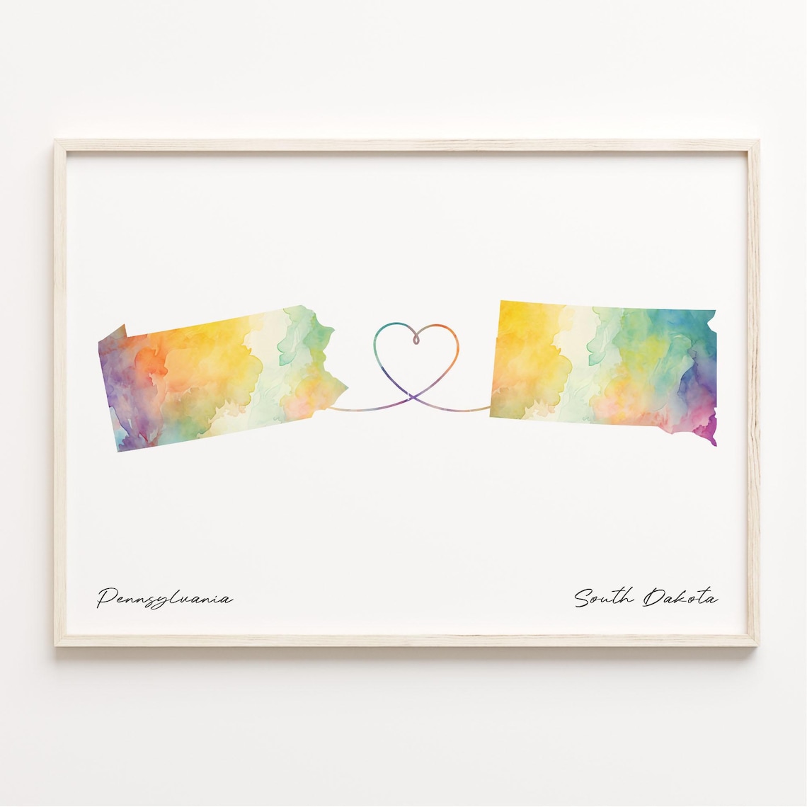 Pennsylvania To South Dakota Watercolor Map Heart Connection Art Poster