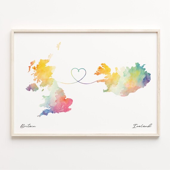 Britain To Iceland Watercolor Map Print Heart Line Welcome Home Gift