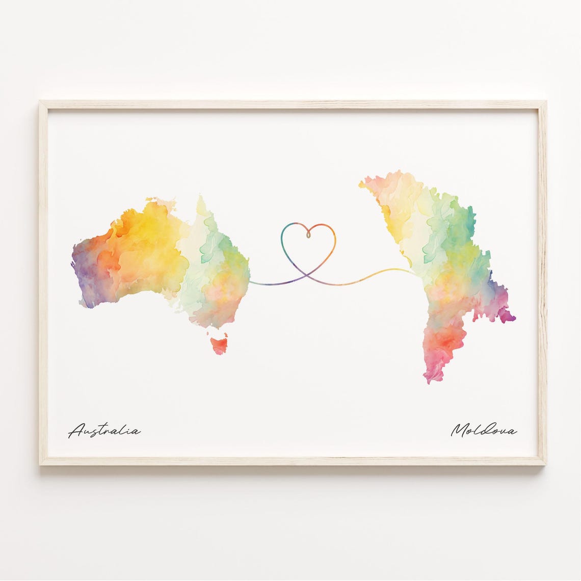 Australia To Moldova Watercolor Long Distance Heart Map Art Poster