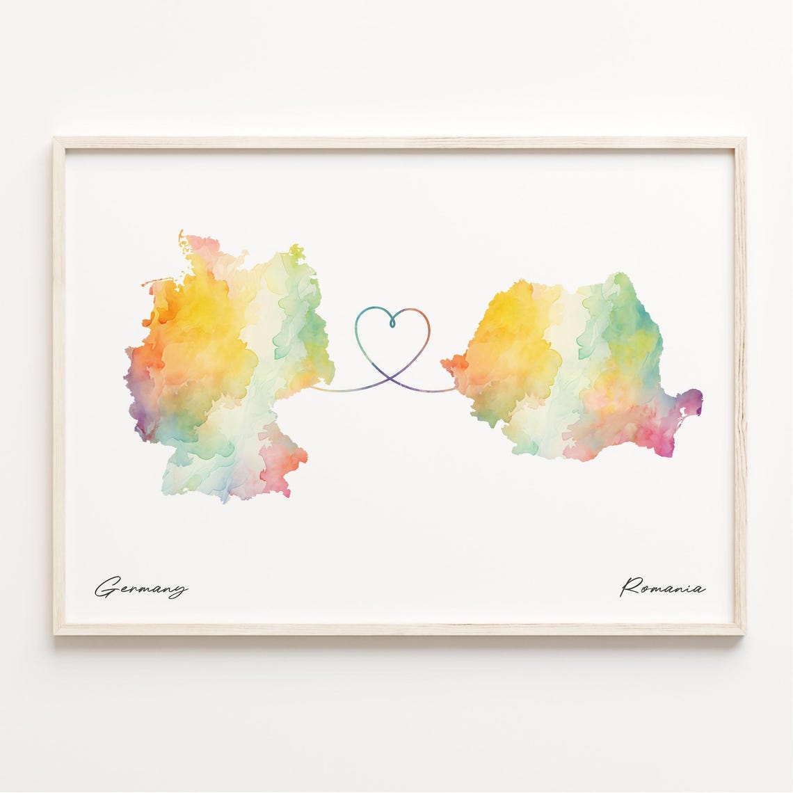 Germany to Romania Romantic Watercolor Map Heart Connection Poster