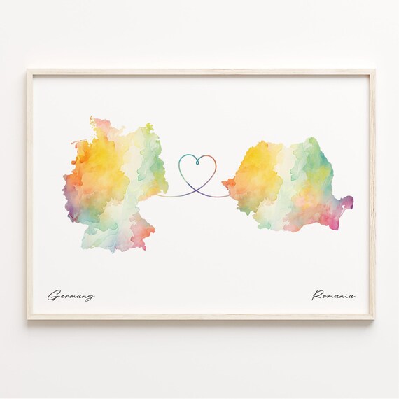 Germany to Romania Romantic Watercolor Map Heart Connection Poster