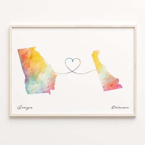 Georgia to Delaware Watercolor State Map Heart Connection Farewell Print