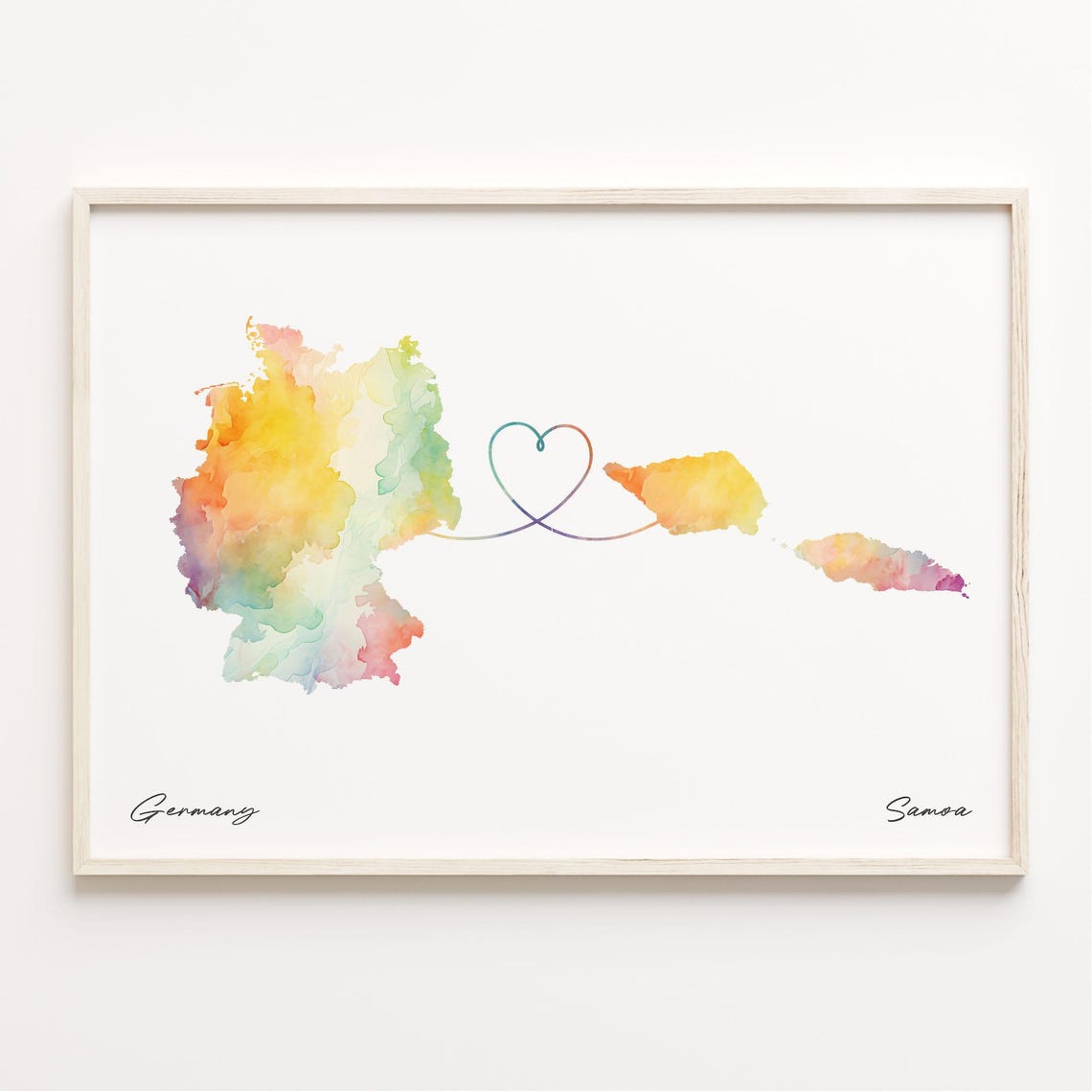 Germany To Samoa Watercolor Map With Heart Line Love Connection Poster