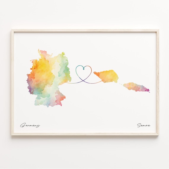 Germany To Samoa Watercolor Map With Heart Line Love Connection Poster