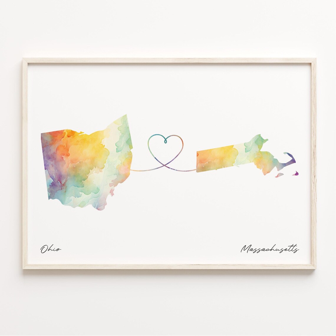 Ohio To Massachusetts Watercolor Map Heart Long Distance Love Poster