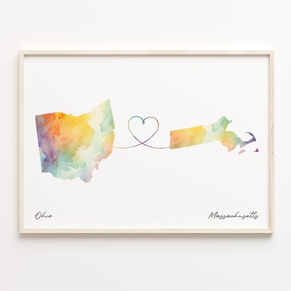 Ohio To Massachusetts Watercolor Map Heart Long Distance Love Poster