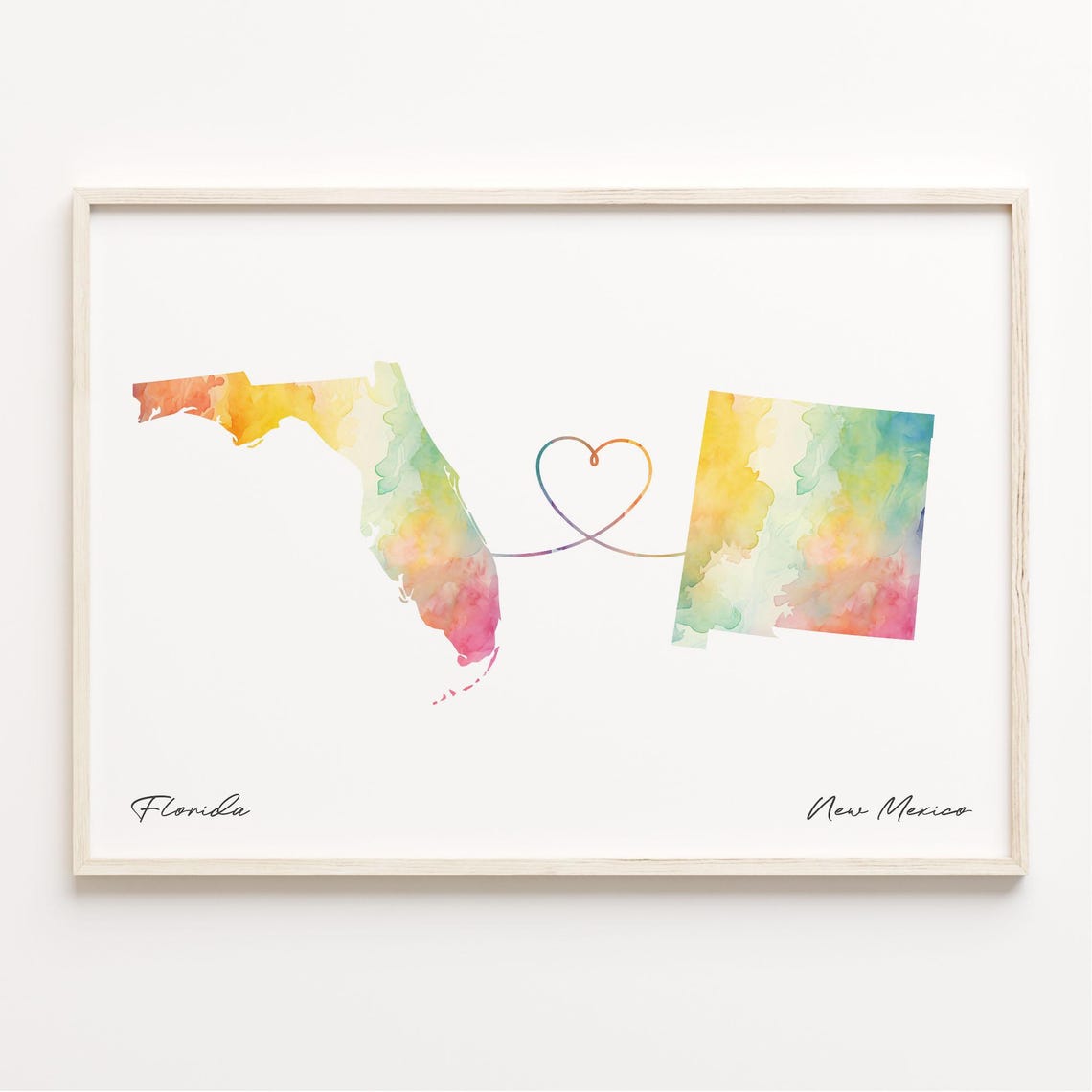 Florida and New Mexico Watercolor Map Heart Long Distance Gift Print