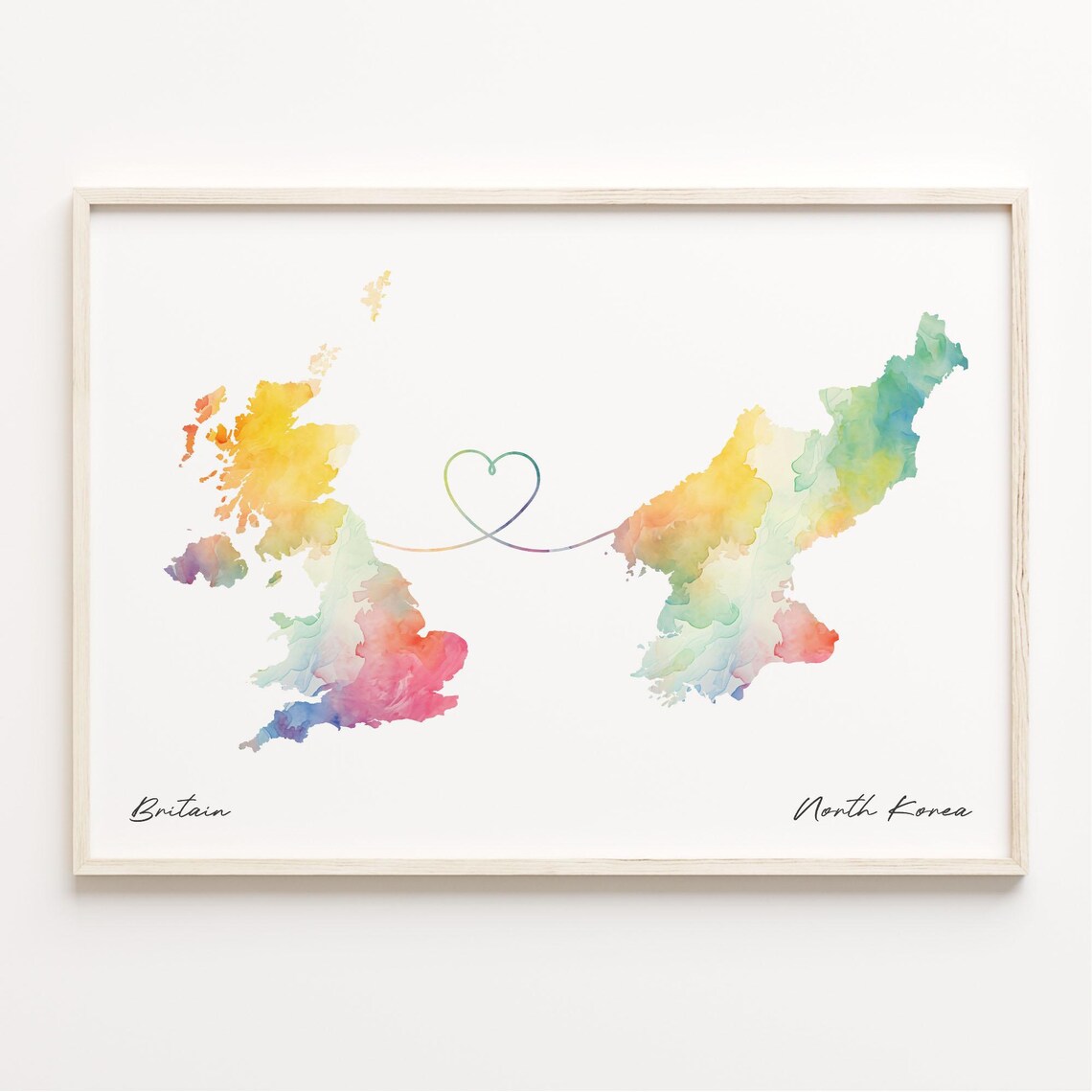 Britain and North Korea Watercolor State Map Heart Long Distance Poster