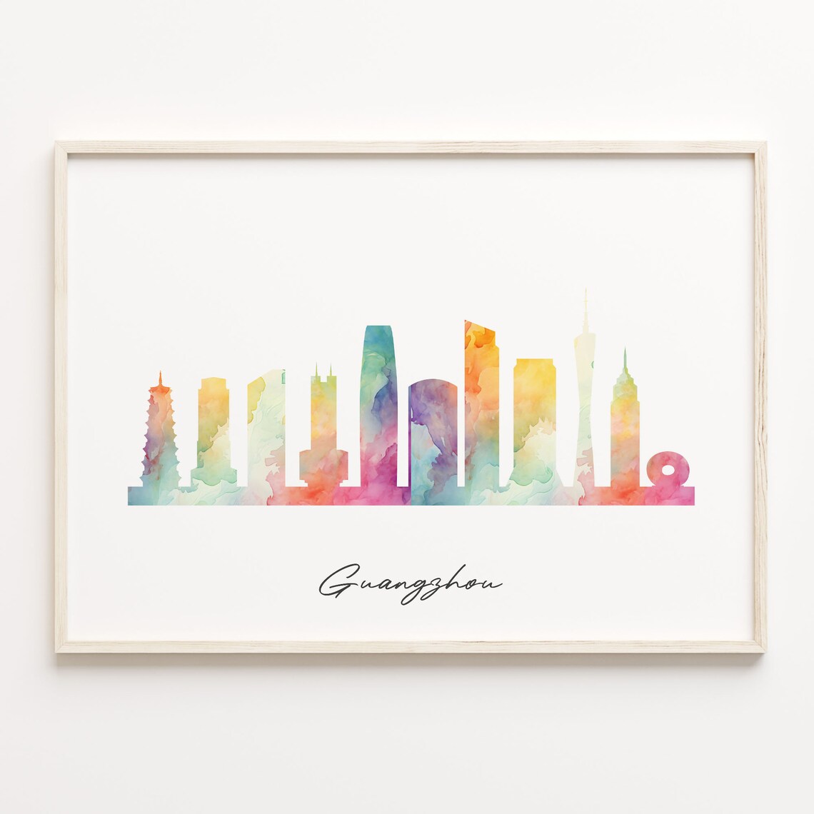Guangzhou Watercolor Cityscape Skyline China Modern Travel Poster Art