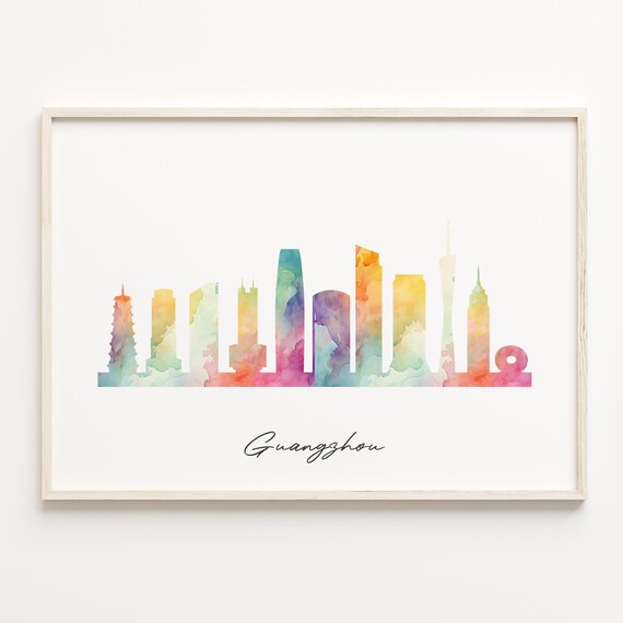 Guangzhou Watercolor Cityscape Skyline China Modern Travel Poster Art