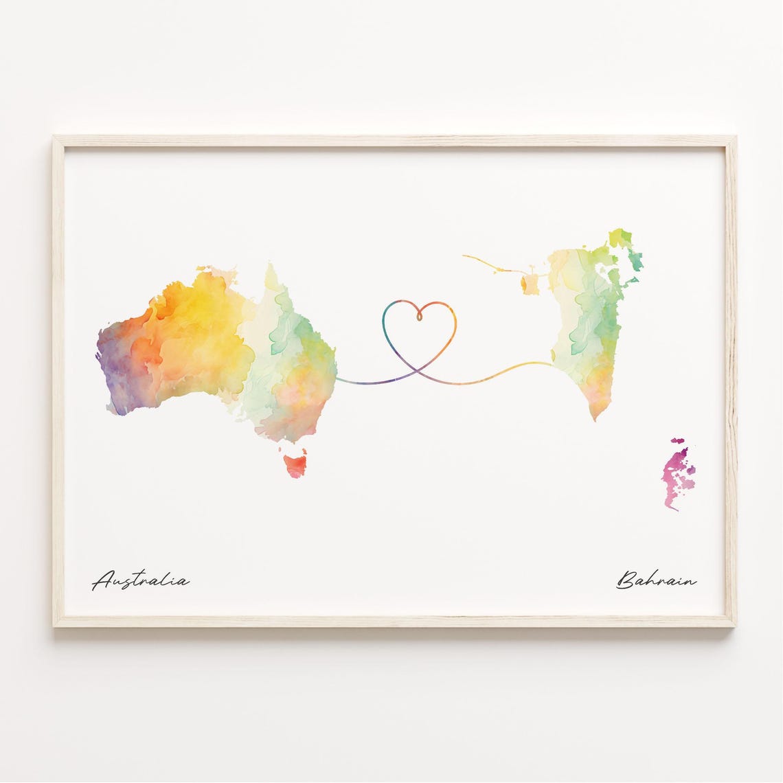 Australia To Bahrain Watercolor Heart Map Long Distance Love Wall Art