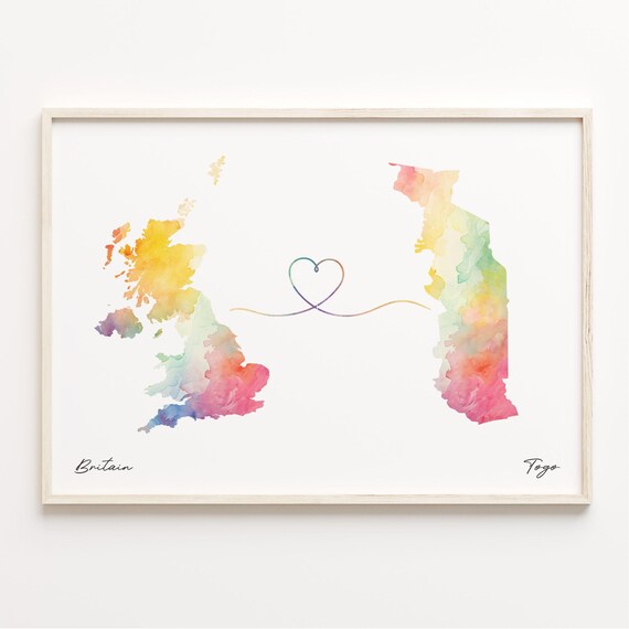 Britain to Togo Watercolor Map Poster Heart Connection Long Distance