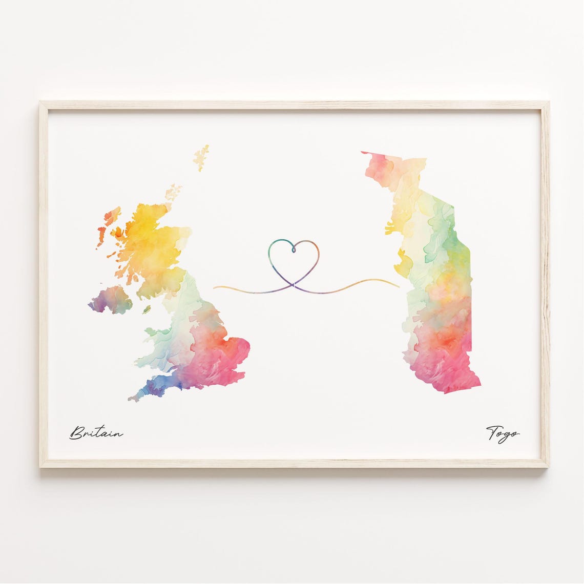 Britain to Togo Watercolor Map Poster Heart Connection Long Distance