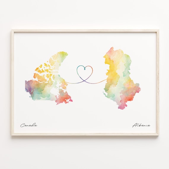 Canada to Albania Watercolor Map Long Distance Love Heart Gift Poster