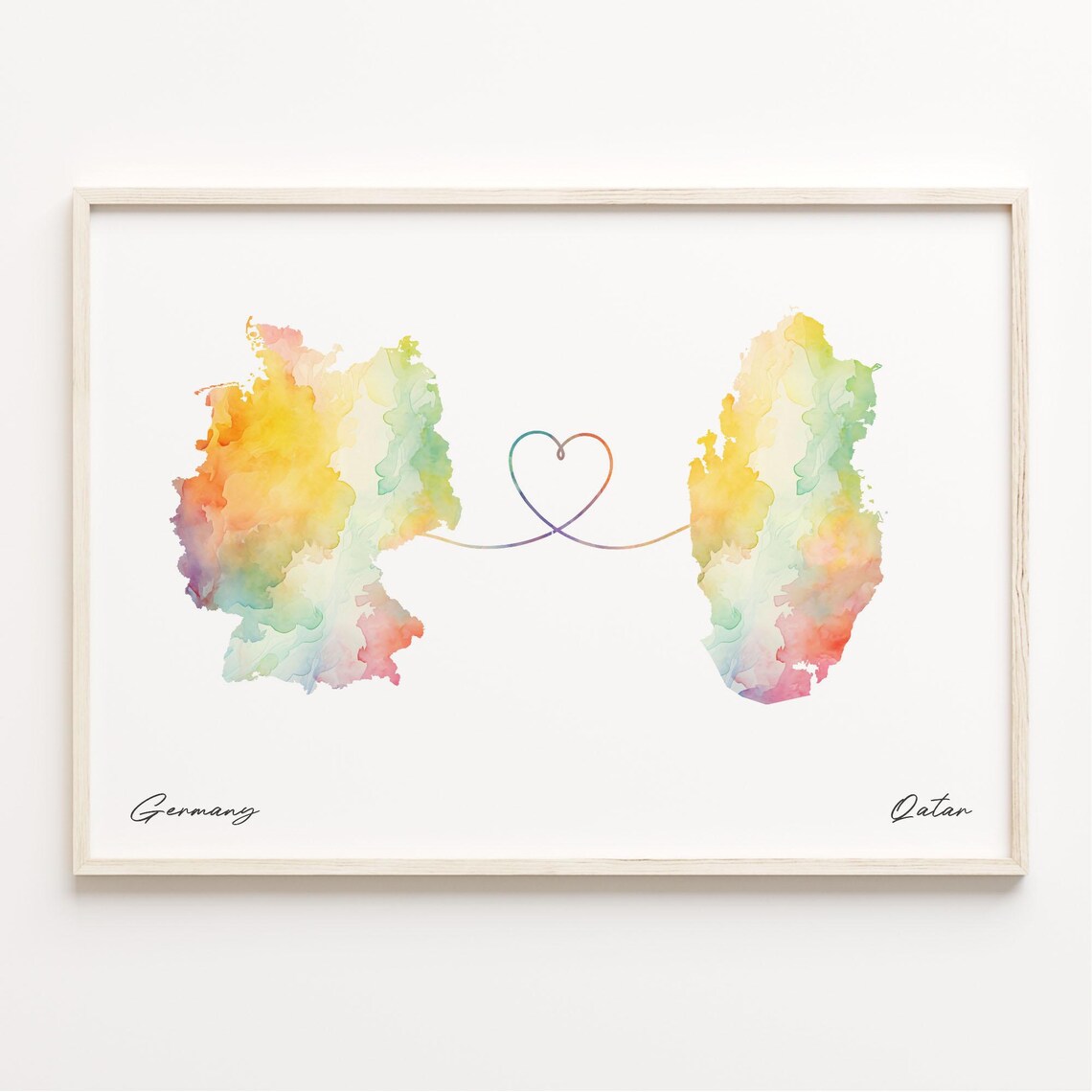 Germany to Qatar Watercolor Map Poster - Heart Line Long Distance Gift