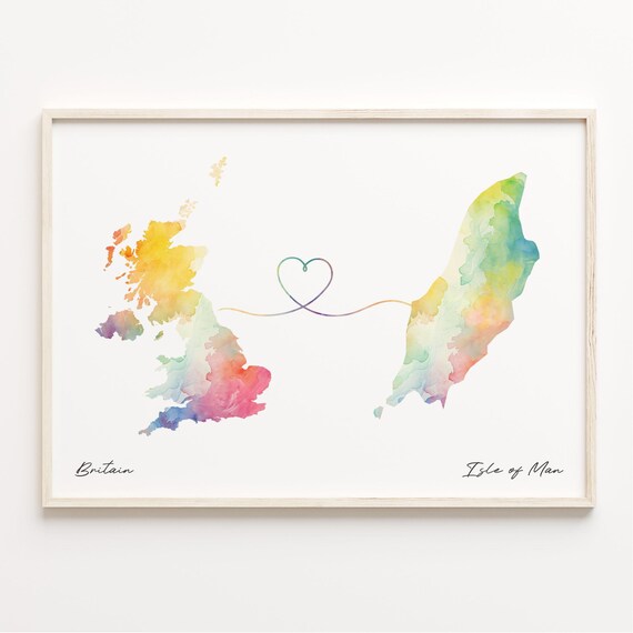 Britain to Isle of Man Watercolor Map Poster With Heart Line Gift Art