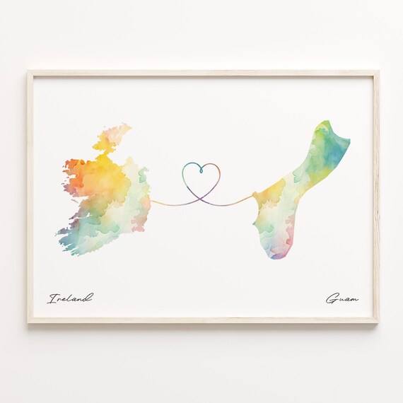 Ireland to Guam Watercolor Heart Map Long Distance Love Print