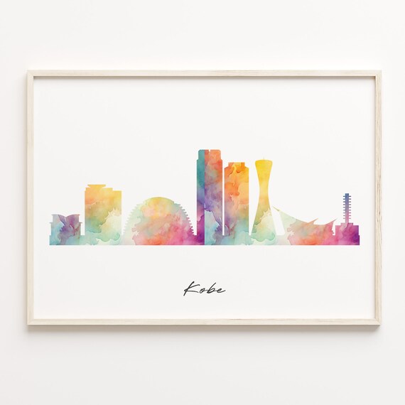 Kobe Japan Watercolor City Skyline Silhouette Harbor Travel Poster
