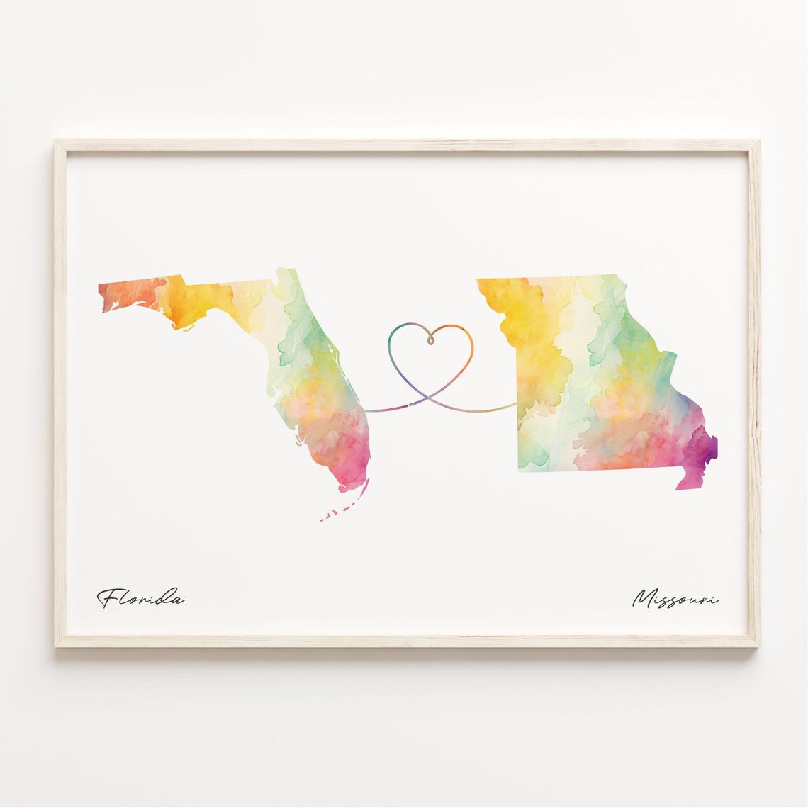 Florida to Missouri Watercolor Map Heart Connection Art Poster
