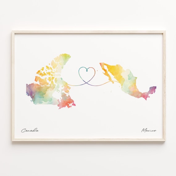 Canada To Mexico Watercolor Map Heart Borderless Love Gift Poster