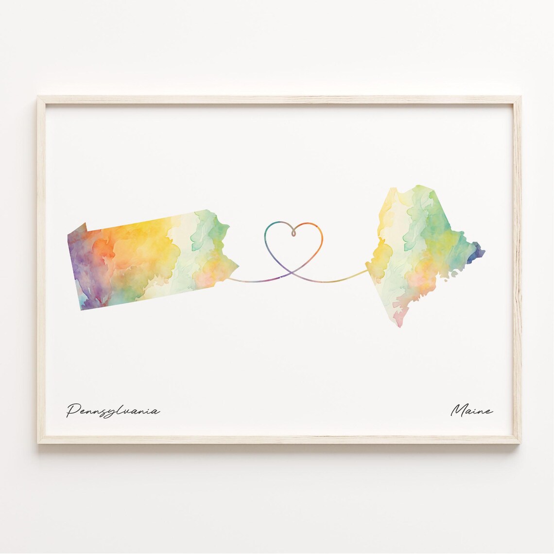 Pennsylvania to Maine Watercolor Map Heart Connection Wall Art