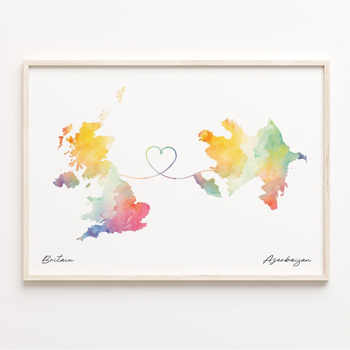 Britain Azerbaijan Watercolor Heart Map Long Distance Love Print