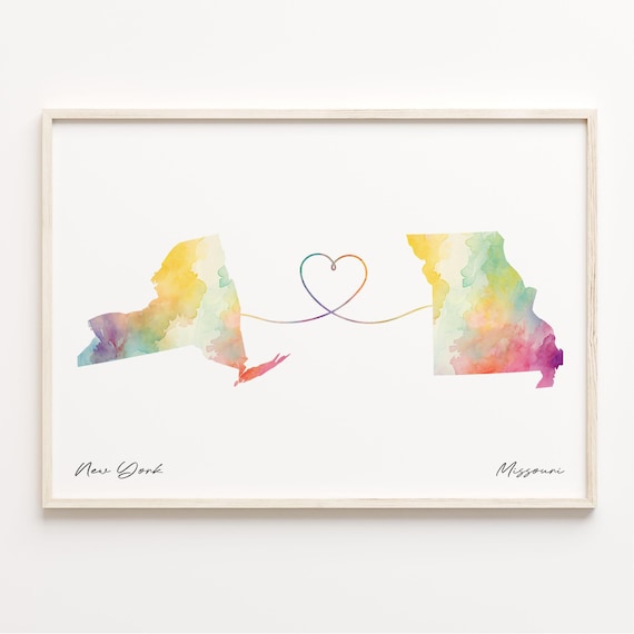 New York To Missouri Watercolor Map With Heart Connection Poster