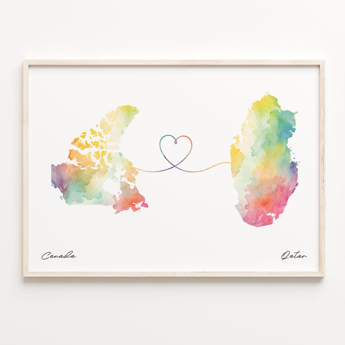 Canada To Qatar Watercolor Heart Map Long Distance Love Art Print