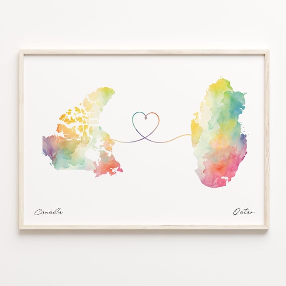 Canada To Qatar Watercolor Heart Map Long Distance Love Art Print