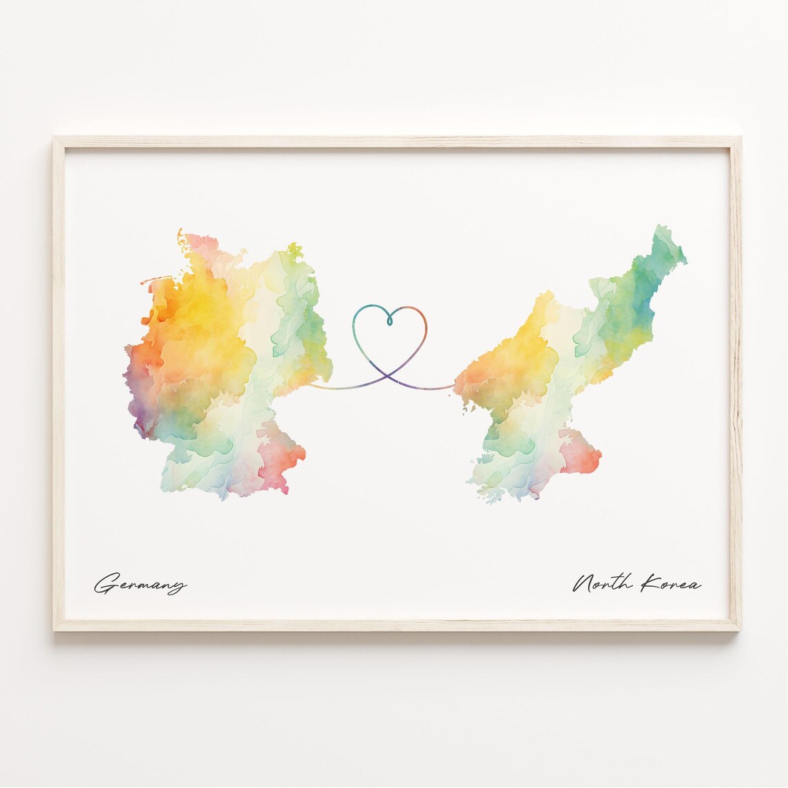 Germany To North Korea Watercolor World Map Heart Connection Poster