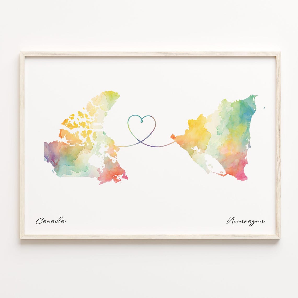 Canada to Nicaragua Watercolor Map Heart Connection Gift Poster