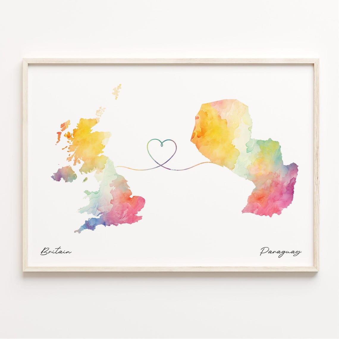 Britain to Paraguay Romantic Watercolor Map Heart Connection Poster