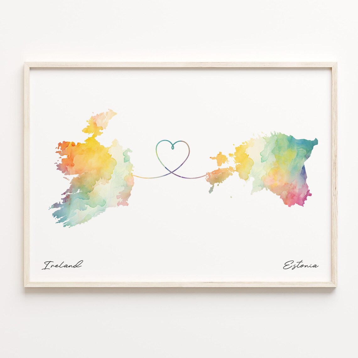 Ireland to Estonia Watercolor Heart Map Long Distance Love Poster