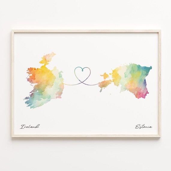 Ireland to Estonia Watercolor Heart Map Long Distance Love Poster