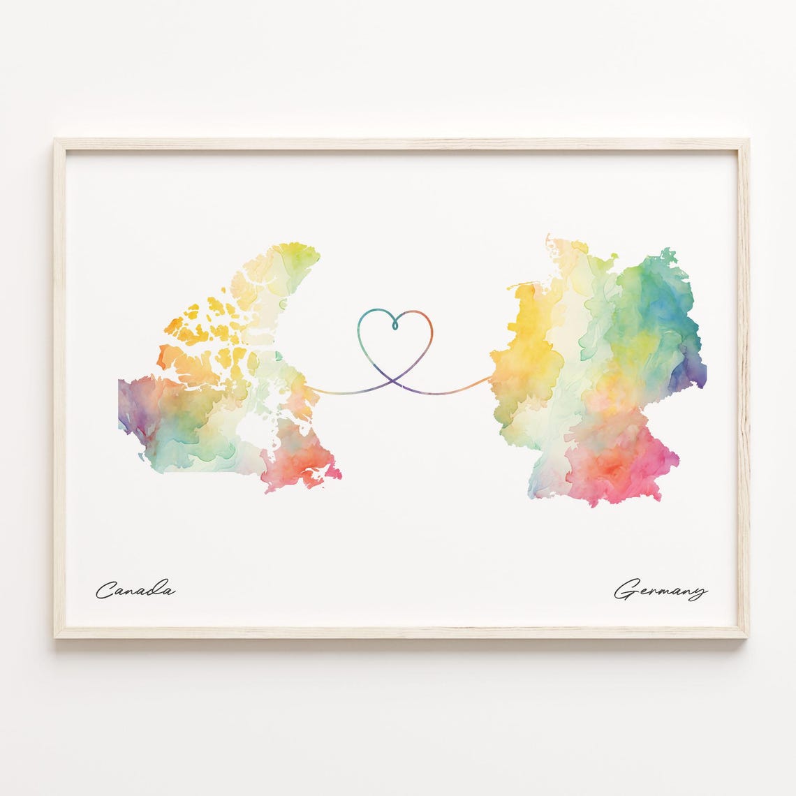 Canada to Germany Watercolor Heart Connection Map Poster for Couples
